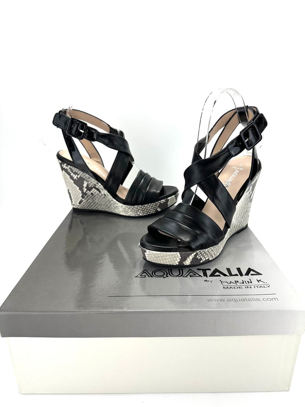 Aquatalia Hailey Platform Wedge Sandal Sz 7.5 Black/Snake Leather Sling-Back New